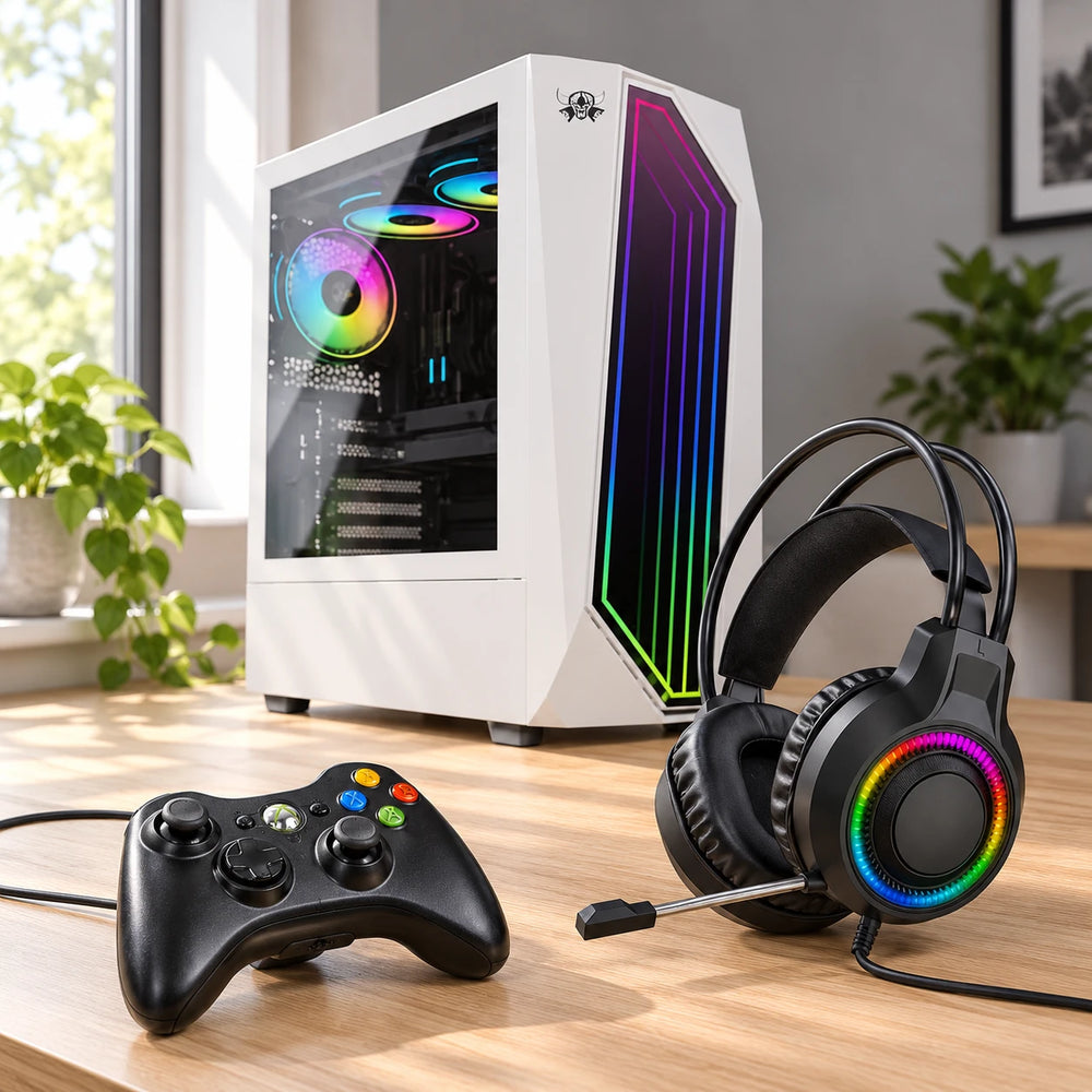 White gaming case with Xbox controller and RGB headset on a daylight desk