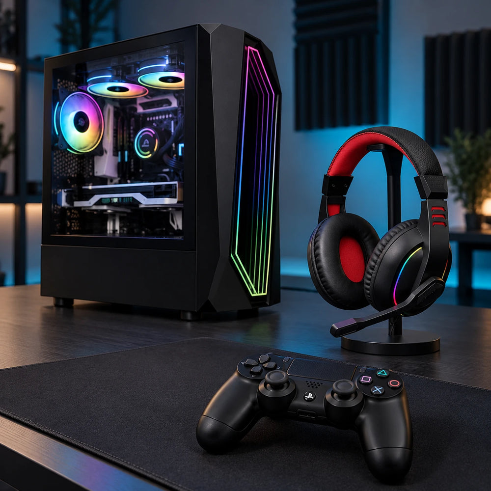 Black gaming PC tower, headset and controller