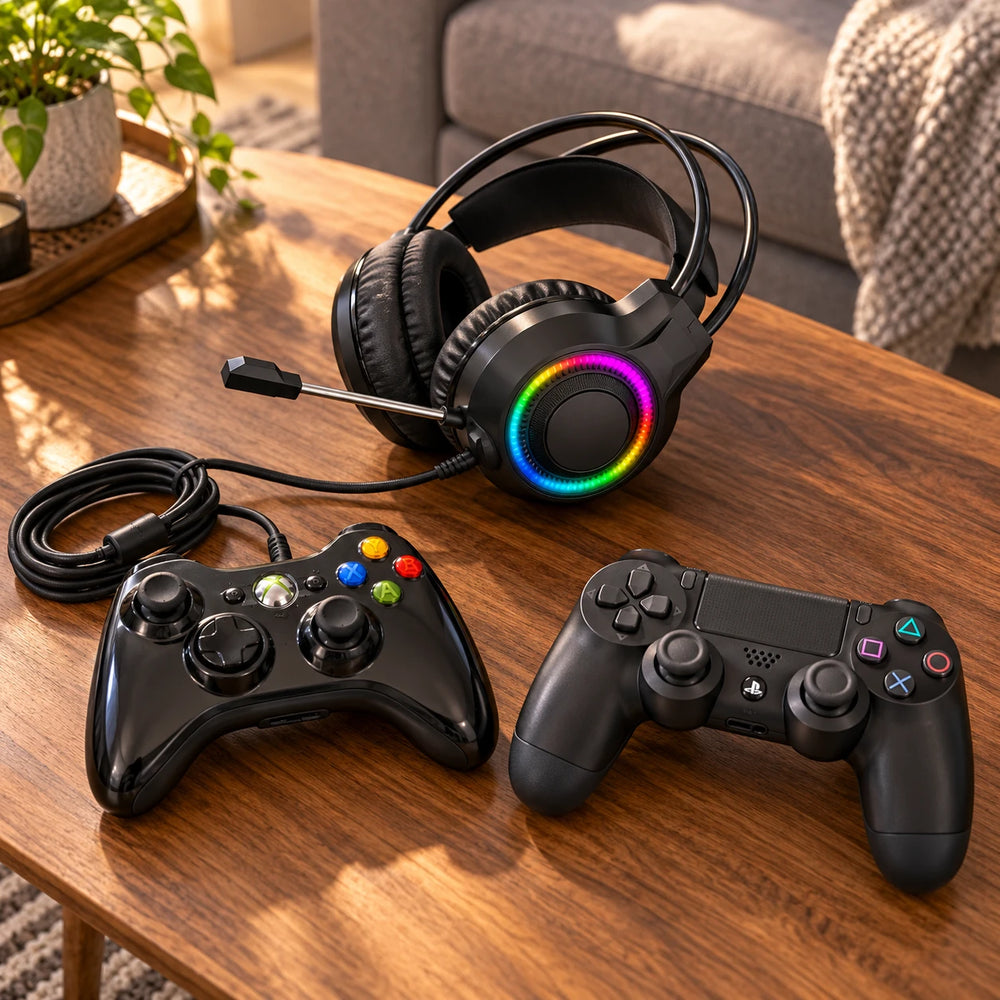 Xbox and PS4 controllers with RGB headset on a walnut coffee table