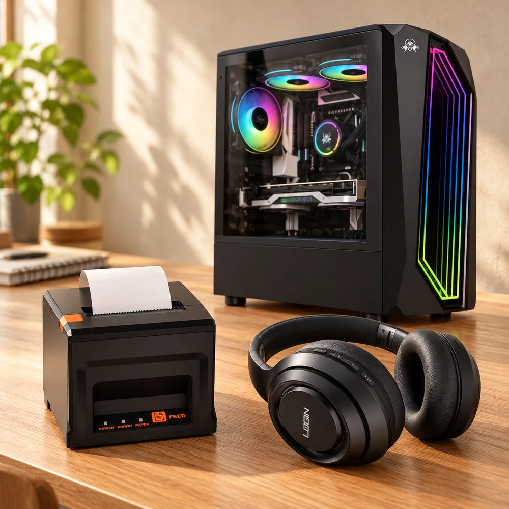 Gaming tower, receipt printer and wireless headphones on an office desk